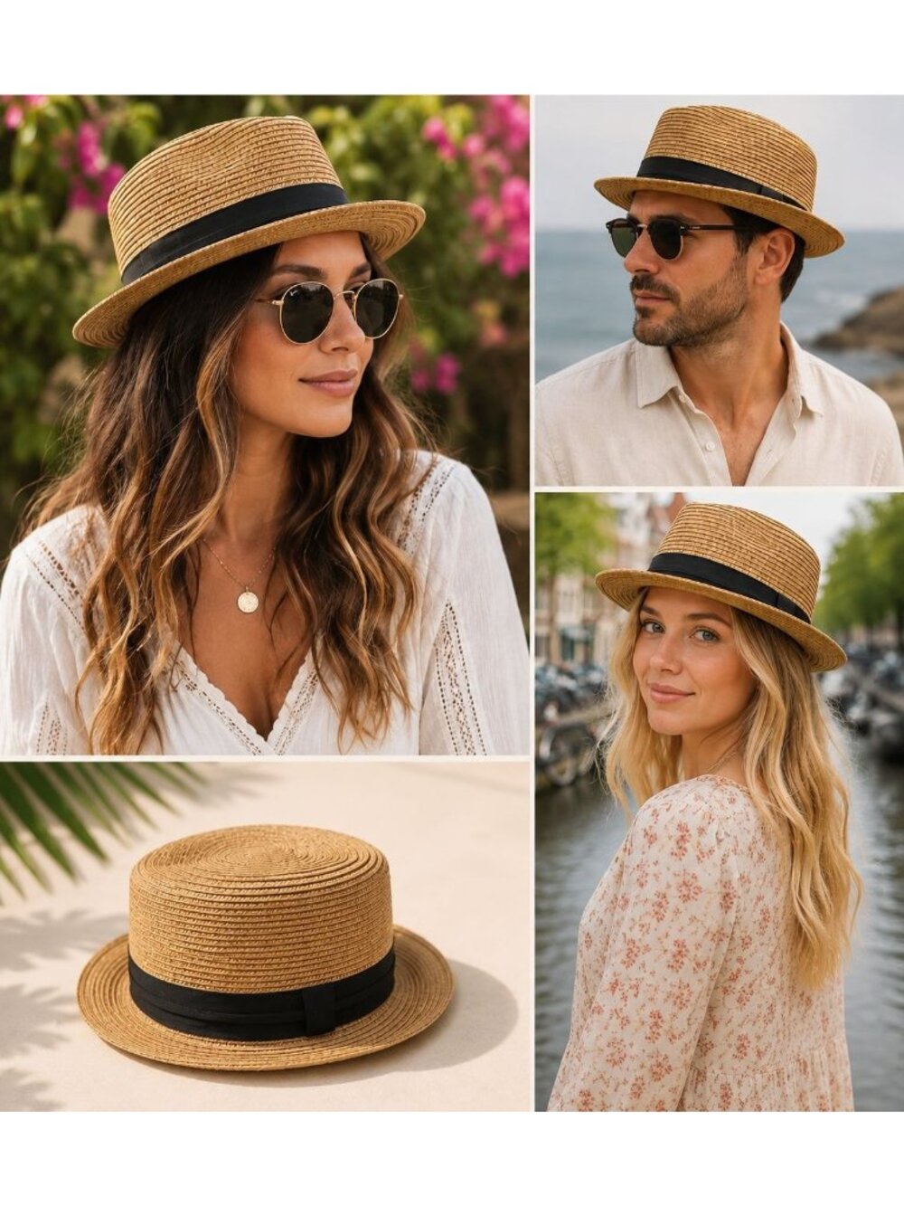 FURTALK Straw Boater Hat M/L Tan Paper Braid Sun Hat w/ Black Ribbon Unisex